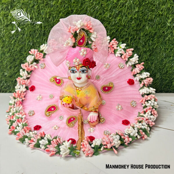 Elegant Baby Pink Laddu Gopal Heavy Dress – Handcrafted Krishna Ji Poshak with Floral & Pearl Detailing