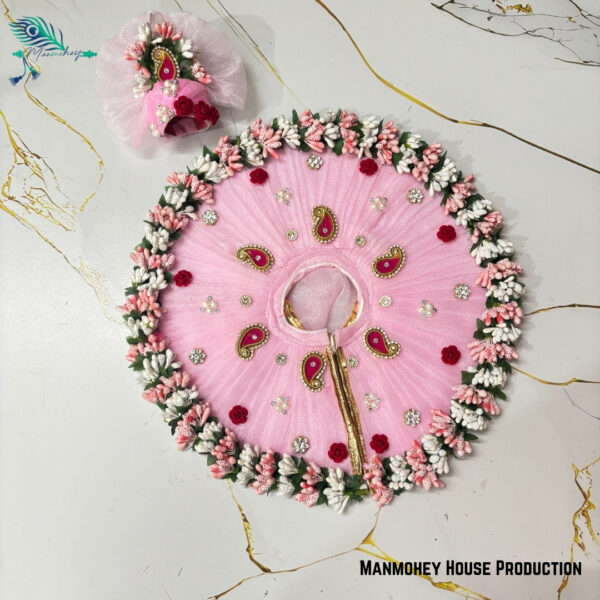 Elegant Baby Pink Laddu Gopal Dress – Handcrafted Krishna Ji Poshak with Floral & Pearl Detailing - Image 3