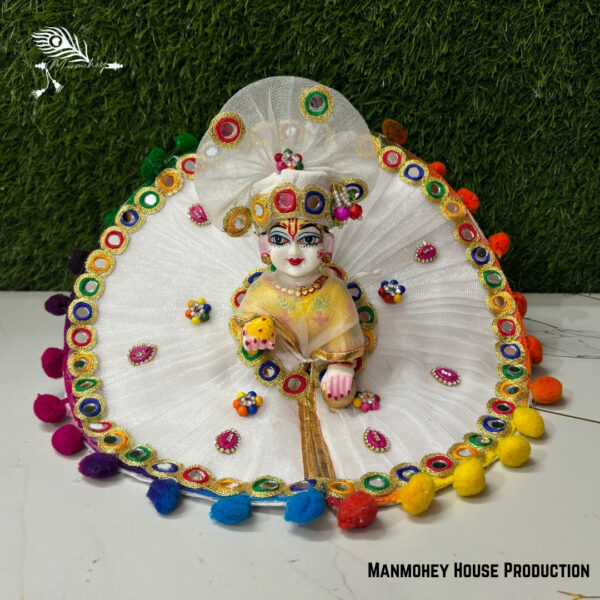 Royal White Laddu Gopal Heavy Dress – Multicolor Mirror Work Krishna Ji Poshak with Pom-Pom Borders