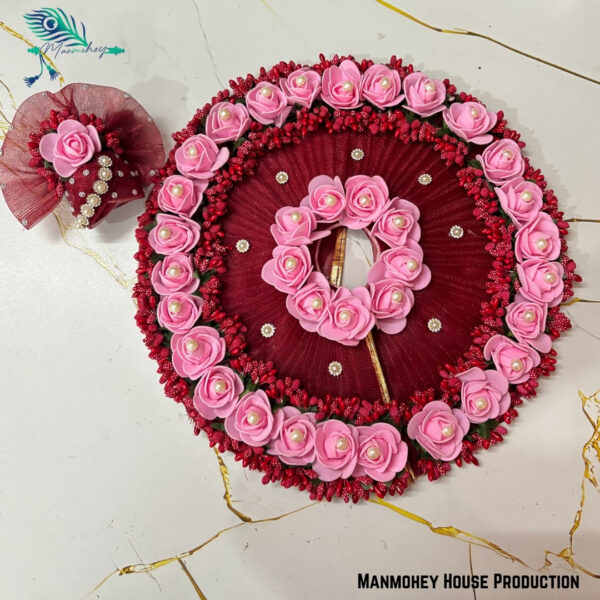 Handcrafted Laddu Gopal Dress Set – Maroon & Pink Floral Design with Pearl Embellishments - Image 4