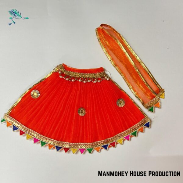 Elegant Orange Mata Rani Dress – Traditional Devi Maa Poshak with Multicolor Borders & Pearl Detailing