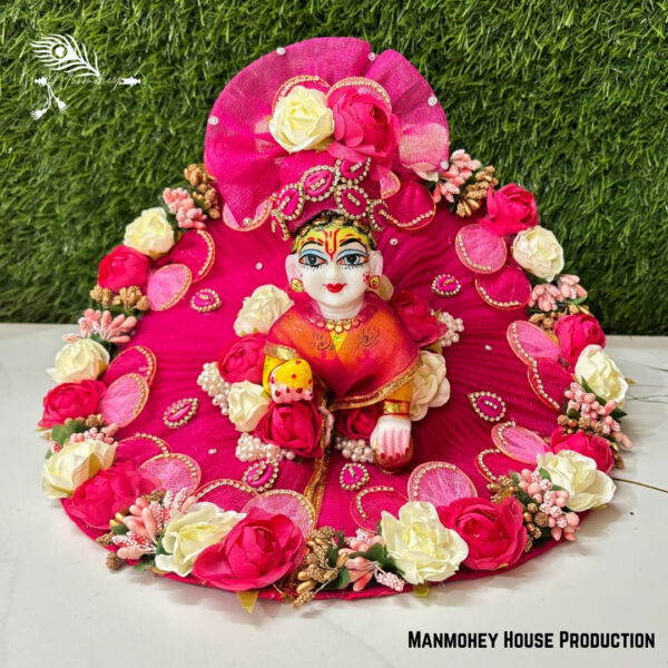 Handmade Laddu Gopal Heavy Dress – Pink Floral Designer Poshak with Pearl & Bead Work