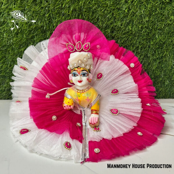 Pink & White Laddu Gopal Heavy Poshak – Handmade Krishna Ji Dress with Pearl & Stone Embellishments