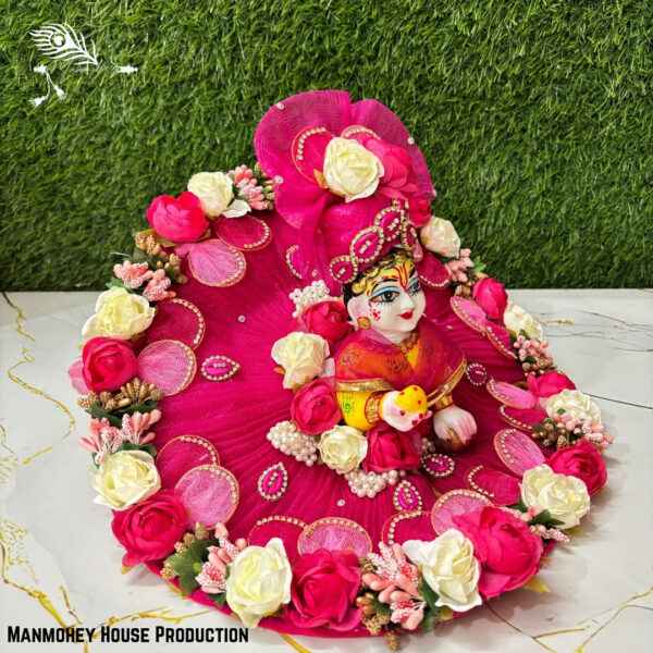 Handmade Laddu Gopal Dress – Pink Floral Designer Poshak with Pearl & Bead Work - Image 3