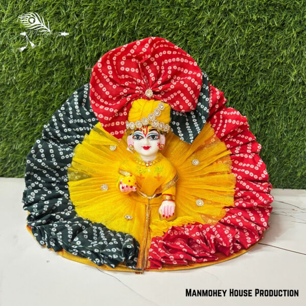 Traditional Bandhani Laddu Gopal Poshak – Handmade Yellow, Red & Black Krishna Ji Dress