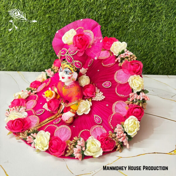 Handmade Laddu Gopal Dress – Pink Floral Designer Poshak with Pearl & Bead Work - Image 2