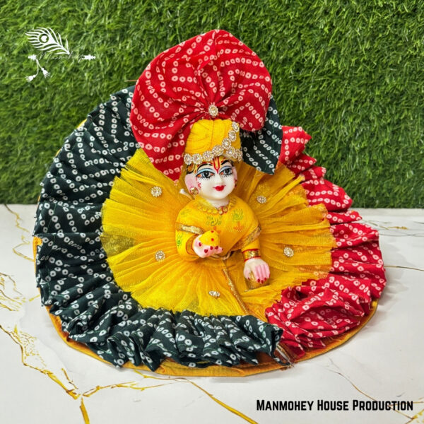 Traditional Bandhani Laddu Gopal Poshak – Handmade Yellow, Red & Black Krishna Ji Dress - Image 2