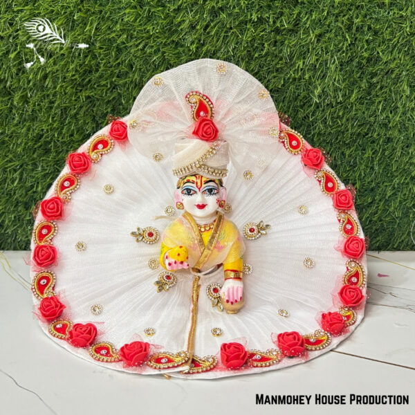 Elegant White & Red Laddu Gopal Poshak – Handcrafted Designer Krishna Ji Dress