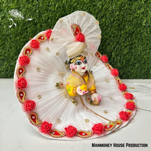 Elegant White & Red Laddu Gopal Heavy Poshak – Handcrafted Designer Krishna Ji Dress (Holi) - Image 2