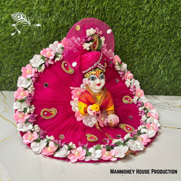 Royal Pink Laddu Gopal Heavy Poshak – Handcrafted Floral Krishna Ji Dress with Turban & Embroidery - Image 2