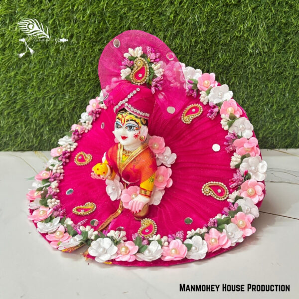 Royal Pink Laddu Gopal Heavy Poshak – Handcrafted Floral Krishna Ji Dress with Turban & Embroidery - Image 4