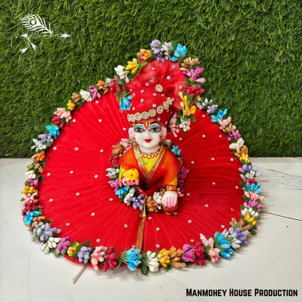 Handmade Laddu Gopal Dress – Royal Red Floral Poshak with Multicolor