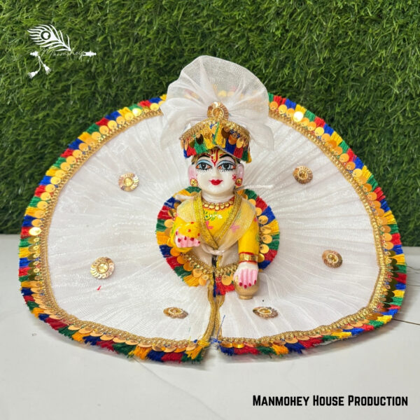 Divine White Laddu Gopal Heavy Poshak – Handmade Krishna Ji Dress with Golden Embellishments & Multicolor Border