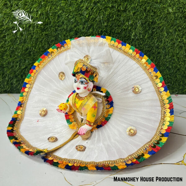 Divine White Laddu Gopal Poshak – Handmade Krishna Ji Dress with Golden Embellishments & Multicolor Border - Image 4